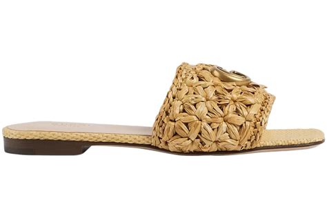 gucci double g raffia slide sandals|gucci jolie denim flats sandals.